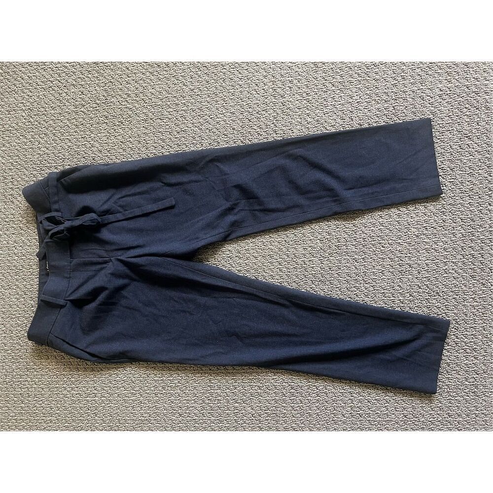 LOFT Women's High Waist Belted Paperbag Trousers Navy Blue Casual Pants